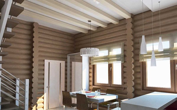 Interiør av huset fra runde tømmerstokker i moderne stil.Kombinasjonen av lysstråler med en uvanlig veggfarge, overflod av lys - et interessant resultat