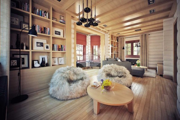 Interiér dreveného domu. Vo vnútri sa cítite uvoľnene a pokojne