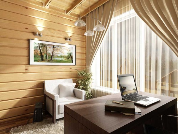 Business office in a house made of timber. It's cozy, calm inside, Nothing superfluous, the interior disposes to work