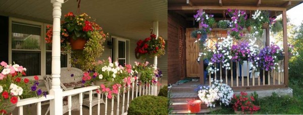 Uma maneira tradicional, mas fofa, de decorar uma varanda aberta de verão com vasos de plantas com flores pendurados