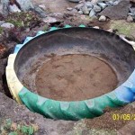 El pneumàtic retallat s’instal·la en un forat excavat, s’aboca una mica de terra a l’interior, anivellant el fons