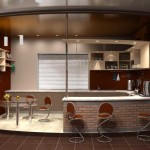 Dzīvojamās istabas un virtuves zonas ir atdalītas pēc līmeņa un krāsas