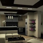 Zónovanie kuchyne a obývacej izby rôznymi dokončovacími materiálmi pre strop a podlahu je najbežnejšou technikou