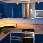Mėlyną virtuvę organiškai papildo saulėtekį fiksuojanti plastikinė prijuostė