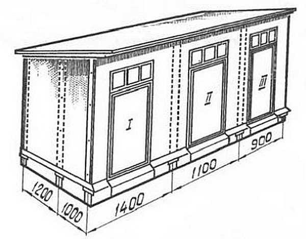 Shed with three compartments under a pitched roof. The dotted line indicates the installation locations of the racks (and supports for them)