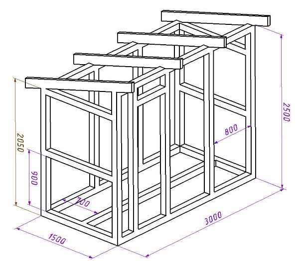 Schuur met een schuin dak - tekening met de indeling van de rekken