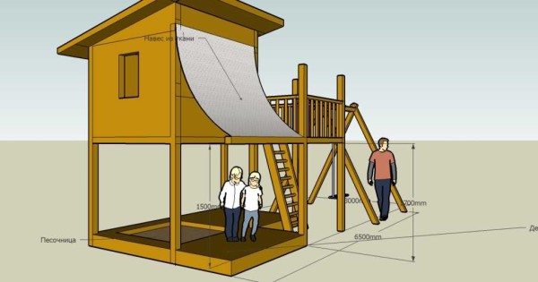 Parc infantil amb una casa a les cames altes - dibuix amb dimensions