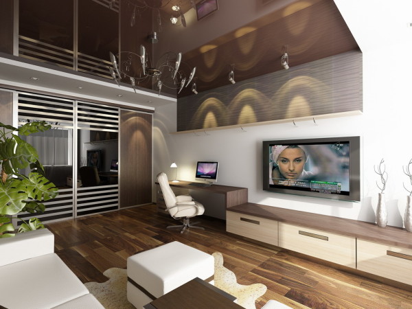 Дизайн на едностаен апартамент в бежови и кафяви цветове. Добре направен таван, празен и тъмен на цвят, визуално прави стаята просторна