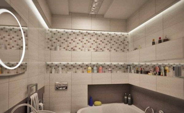 Smėlio spalvos vonios kambarys su rudais akcentais