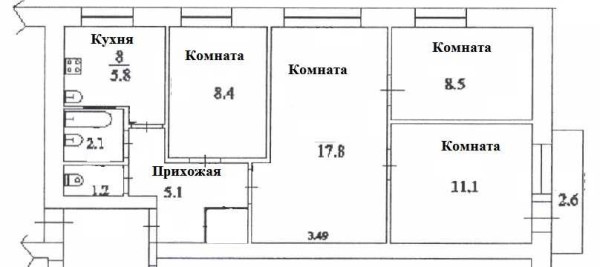 Ανασυγκρότηση 4 x δωμάτιο Χρουστσόφ: φωτογραφία πριν