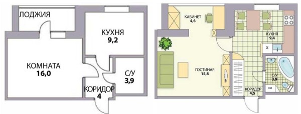 Ombyggnad av 1 rum Khrushchev