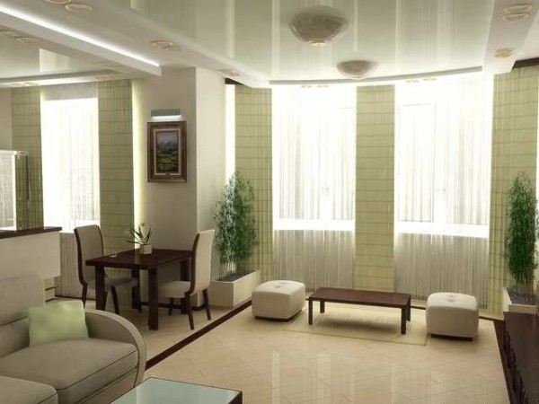 Wohnzimmer im Stil des Minimalismus: Vorhänge im klassischen Schnitt, Vorhänge - japanischer Typ