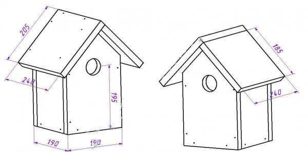 Fågelhus med trekantigt tak: ritning, mått Fågelhus med trekantigt tak: ritning, mått