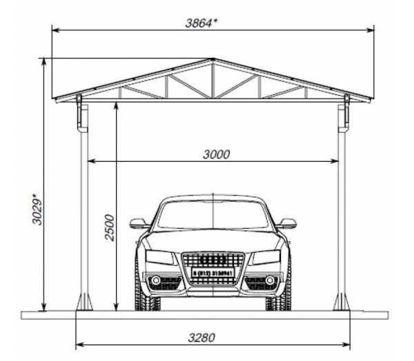 Desenho de uma garagem com telhado de duas águas para um carro de metal
