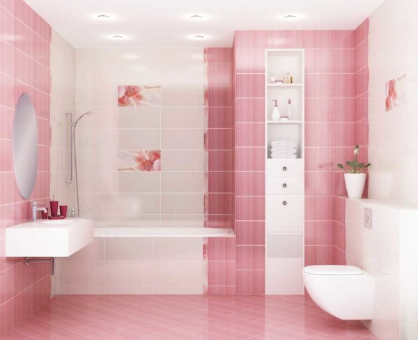 Kemasan bilik mandi berwarna putih dan merah jambu