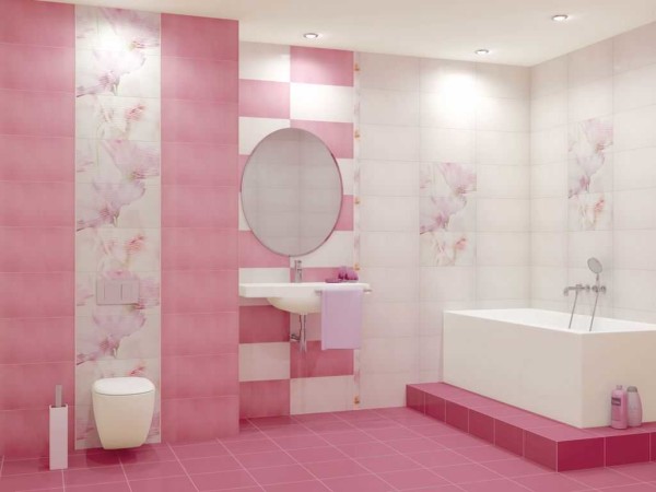 Untuk orang romantis - bilik mandi merah jambu dengan hiasan bunga