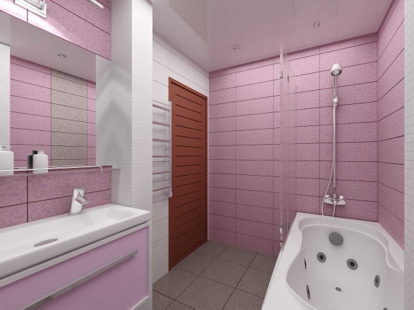 Jubin matte merah jambu di bilik mandi - pandangan lain