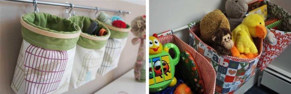 כיסי צינורות או שקיות הם רעיון נוסף לאחסון צעצועים בחדר הילדים.