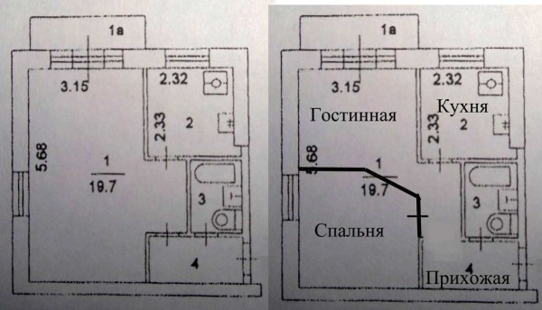 Un ejemplo de conversión de un apartamento de una habitación en un apartamento de dos habitaciones