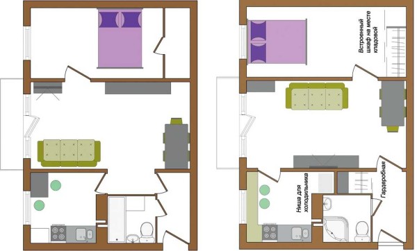 In deze versie van de reparatie van een klein appartement zijn niet alleen de deuren verplaatst, maar ook de scheidingswanden en de badkamer