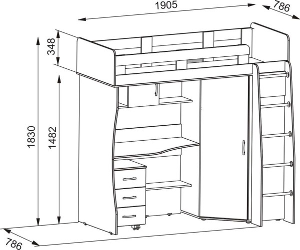 Tervrajz: tetőtéri ágy egy serdülő számára, szekrénnyel és munkahelyi