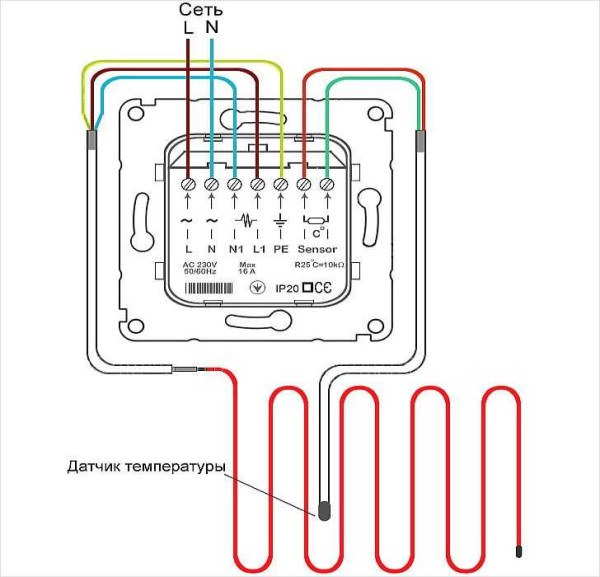 Heating cable for water supply - connection diagram to the thermostat