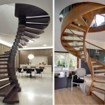 Com ou sem gradeamento, a escolha é sua. Na foto à direita, uma escada em espiral de madeira sobre uma viga curva é um elemento de difícil execução.