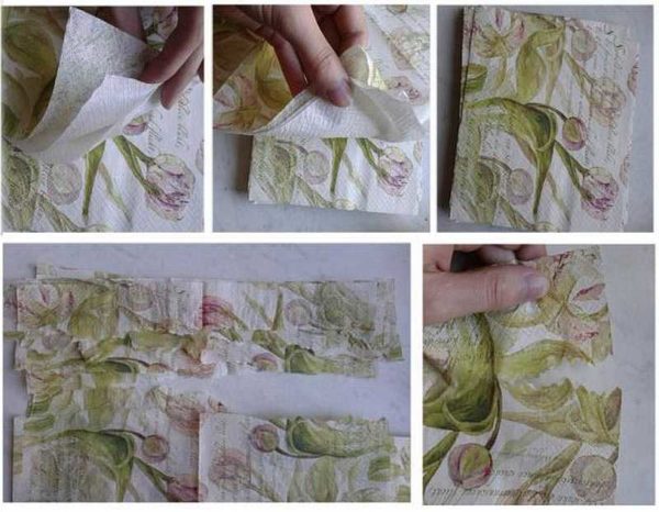 Separera det översta lagret av servetter med ett mönster, riv dem i längdriktningen i två delar