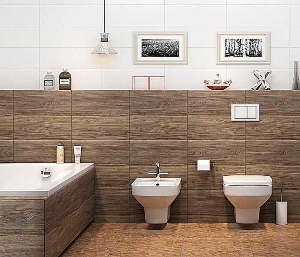 Por fim, a madeira também pode estar no banheiro, porém, feita de cerâmica