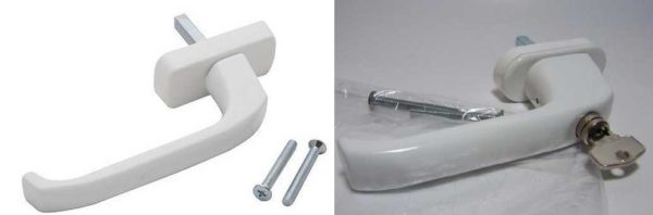 Plastic window handles differ in shape and color