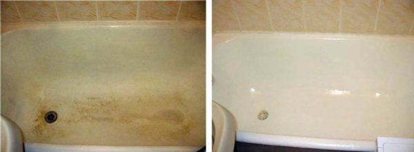 Bu, dökme akrilik ile restorasyon öncesi ve sonrası bir banyodur.