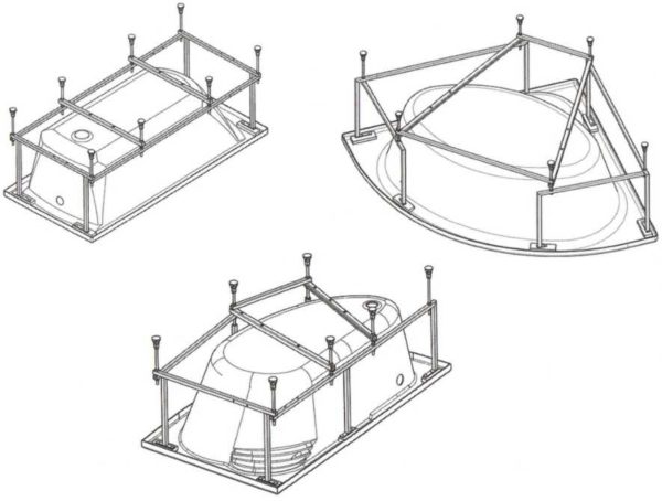 Um exemplo de armações para banheiras de acrílico de diferentes formatos