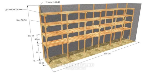 Prateleiras de madeira na garagem - desenho com dimensões
