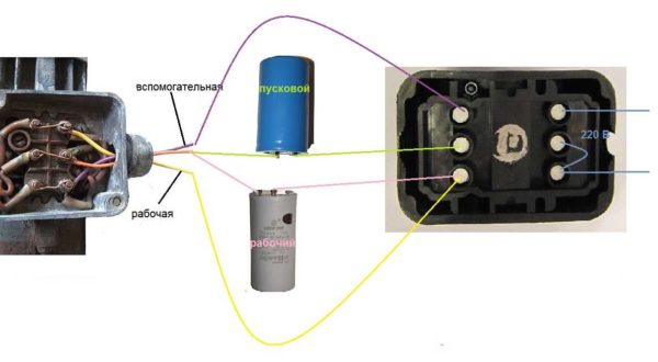 Kondensaattorimoottorin kytkentäkaavio kahdella kondensaattorilla - työ ja käynnistys