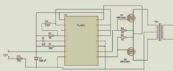 Претварач напона 12 220 В: коло претварача засновано на ПВМ контролеру