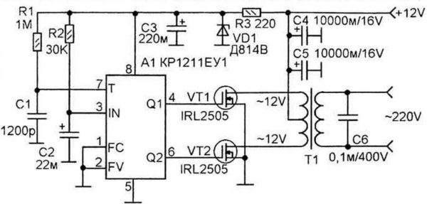 Circuit convertor tensiune 12-220 V