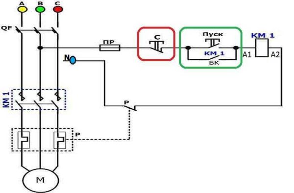 Wiring diagram for a three-phase motor through a 220 V starter