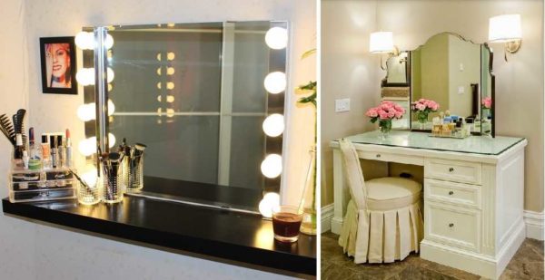 Šalia tualetinio stalo galite įrengti daugybę lempų arba du veidrodžius viršutinio veidrodžio trečdalio lygyje