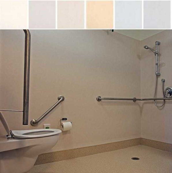 Contoh penggunaan linoleum untuk menghias dinding bilik mandi