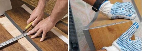 Ladrilhos de PVC para o chão são cortados com uma faca comum e depois quebrados