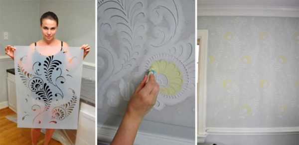 Decorative painting of kitchen walls using stencils