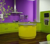 Cores contrastantes - verde e lilás em uma cozinha