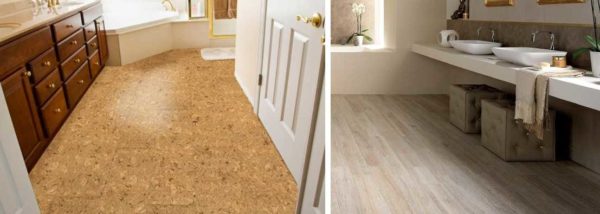 Подът за баня в дървена къща може да бъде направен от корк или PVC плочки.