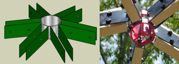 Connectoren die worden gebruikt om de balken van een geodetische koepel te verbinden