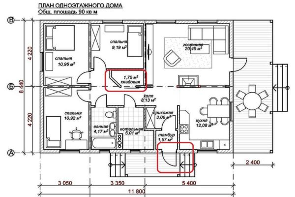 Vienstāvu mājas ar trim guļamistabām un terasi projekts (90 kv. M.)