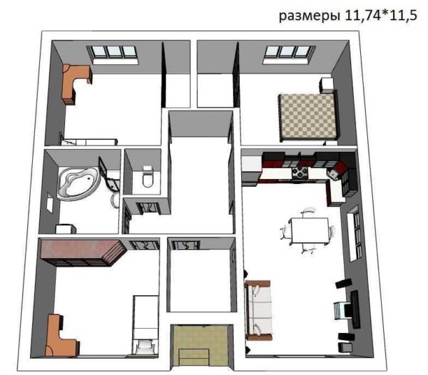 Proyecto de casa cuadrada de una planta con tres dormitorios