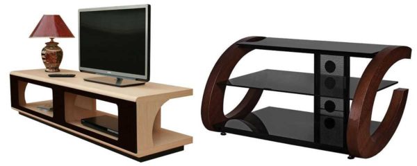 Los soportes para TV están fabricados con materiales tradicionales: madera, aglomerado laminado, MDF, vidrio y plástico.