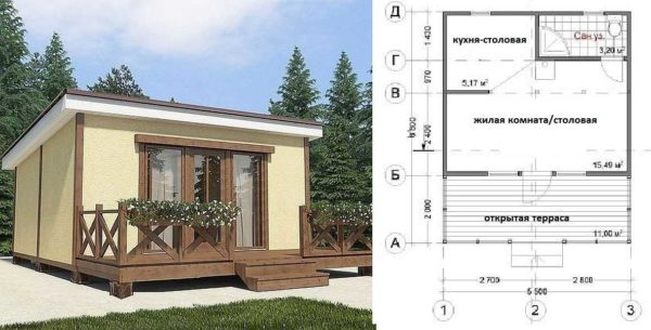 Projeto de casa de campo com casa de banho e terraço aberto sob cobertura inclinada