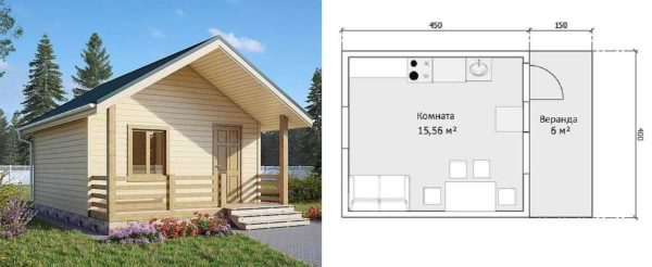 Projeto de uma pequena casa de campo com varanda sob um telhado comum