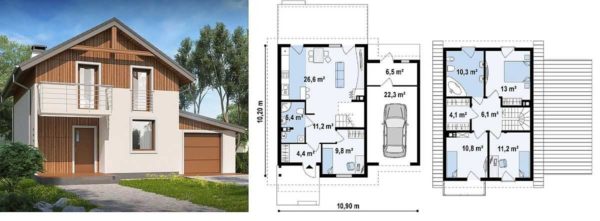 Projeto de uma casa de campo de dois andares com garagem anexa ao lado